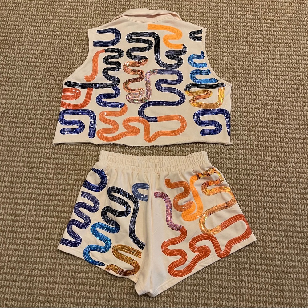Queen of Sparkles Navy and Orange Squiggle Sequin Set XS - Picture 11 of 11